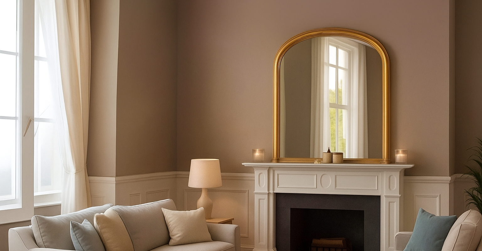 Gilt overmantle mirror with decorative gold frame
