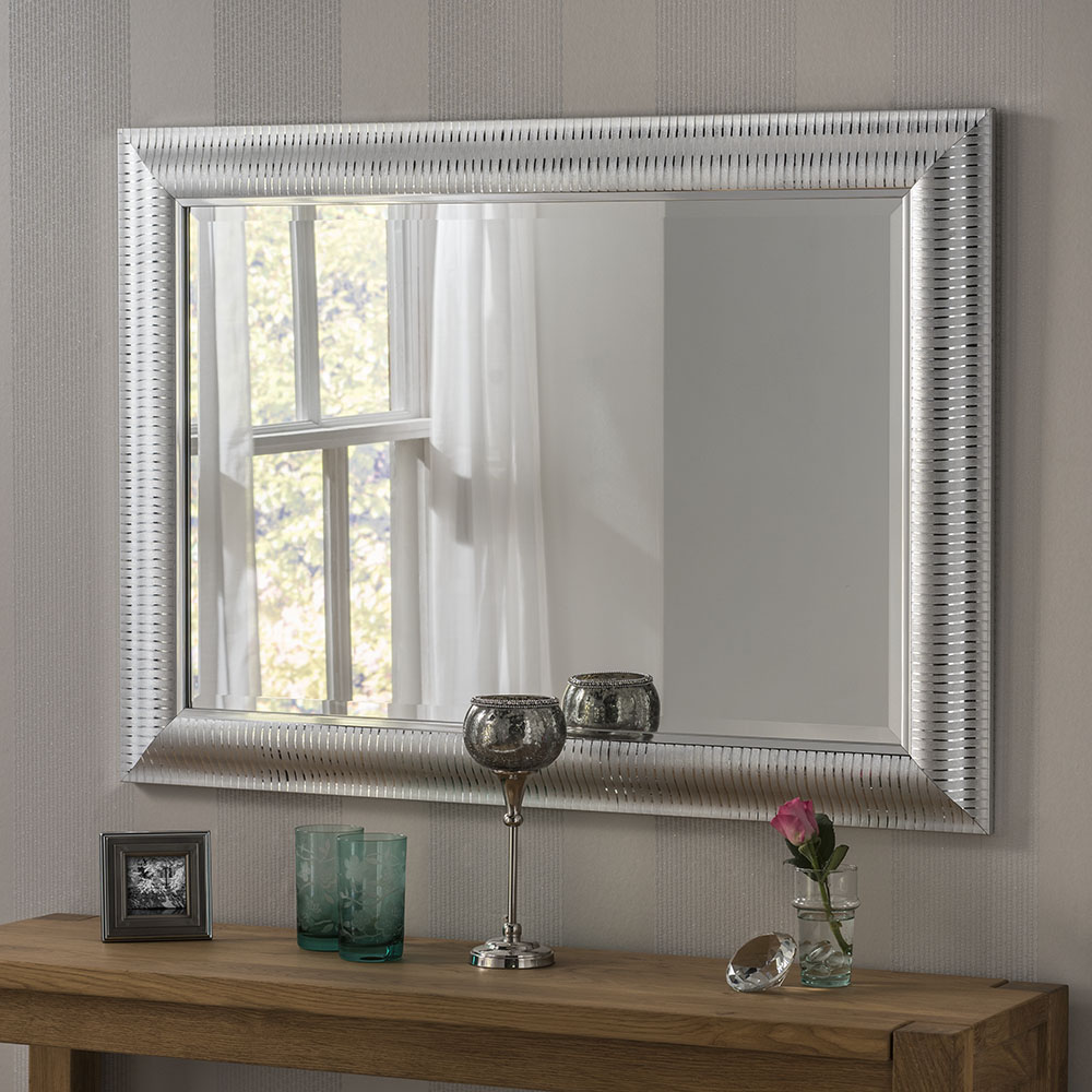YG226 Silver modern rectangle wall mirror with pinstripe